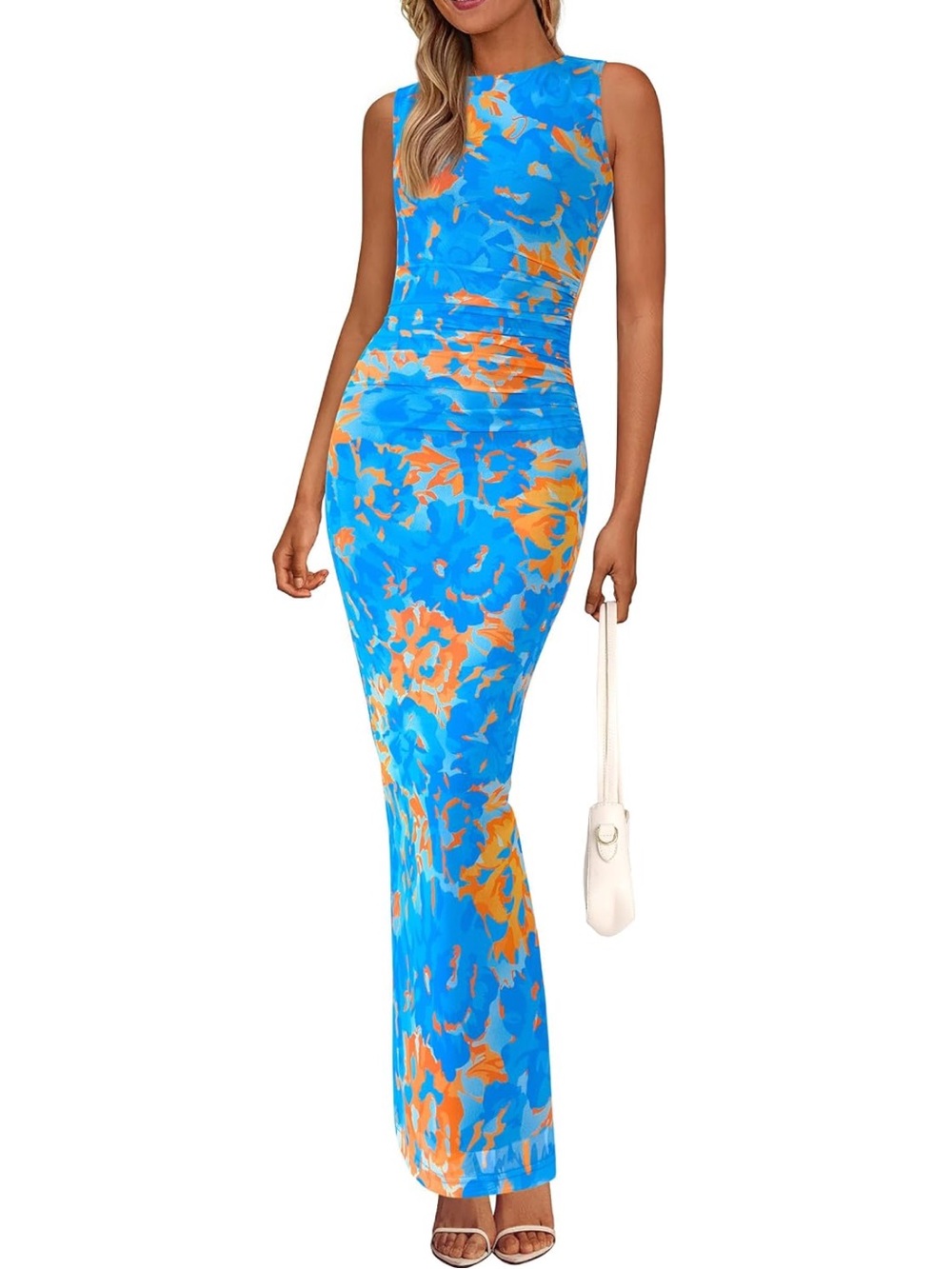 PRETTYGARDEN Sleeveless Blue & Orange Floral Maxi Dress